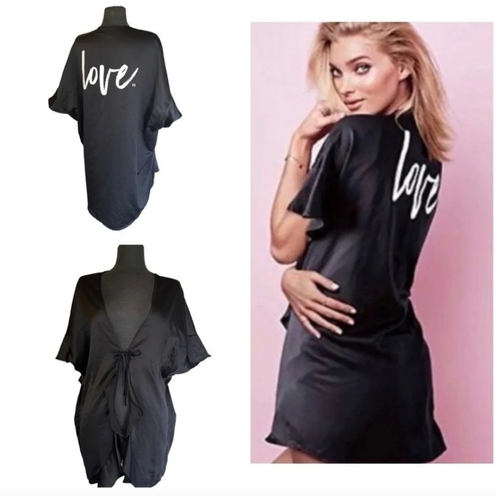 Victorias Secret VS LOVE Kimono Satin Black Robe Ruffle Front One Size (OS) NWOT
